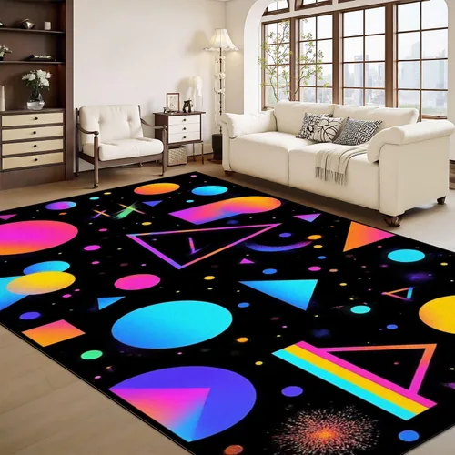 Vista 10 de Alfombra lavable de 8 x 10 pies para sala de estar, grande, suave, luz negra, sol, neón, reactiva a los rayos UV, luna celestial, estrella, planeta