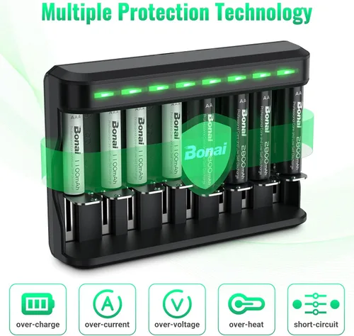 Vista 7 de BONAI Juego de cargador de baterías recargables AA AAA, paquete de 4 baterías AA de 2800 mAh y 4 unidades de 1100 mAh AAA NiMH con cargador