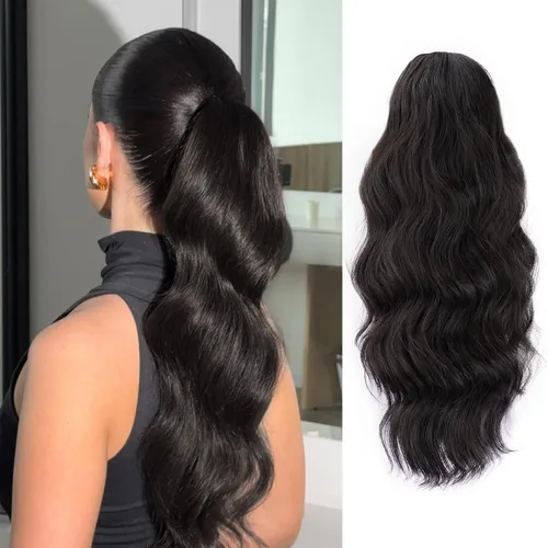 Vista 9 de FREEMEIGE Extensión de Cola de Caballo Negra con Cordón Extensión de Cola de Caballo Larga y Ondulada para Mujeres Extensión de Cabello de Cola de 1b