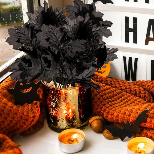 Vista 5 de Ramas de Halloween, paquete de 2 ramas de flores artificiales negras, tallo de flor de hoja de arce falsa, ramas de ramo de flores artificiales
