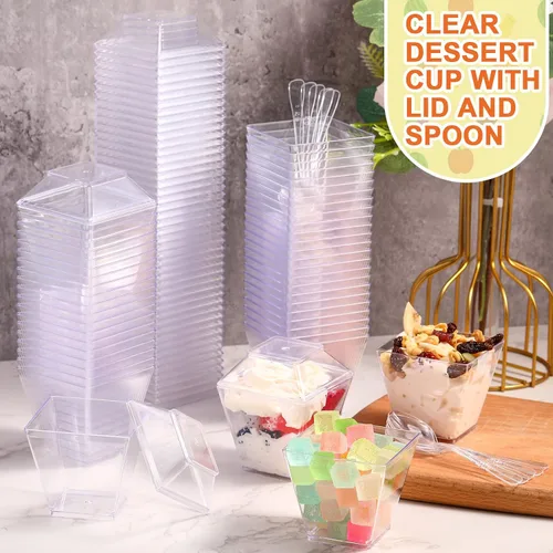 Vista 4 de 600 piezas de mini tazas de parfait de postre con tapas y cucharas, taza cuadrada transparente para aperitivos, cuenco de postre de plástico