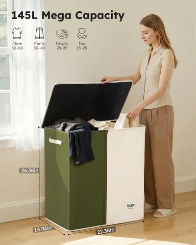 Vista 2 de SOLEDI Cesta de lavandería grande doble con tapa, cesta de ropa plegable de 2 secciones con bolsas extraíbles, cesta de lavandería que ahorra