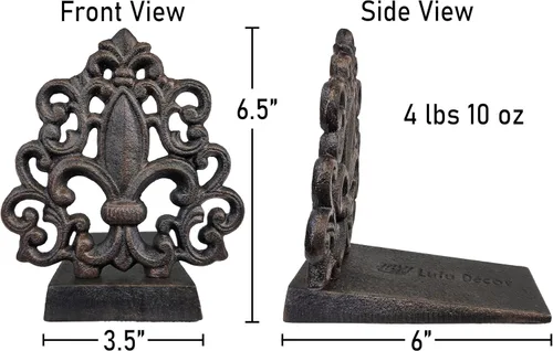 Vista 3 de LuLu Decor, Tope de puerta de hierro fundido Fleur De Lis, tapón de puerta en acabado negro antiguo, producto hermoso y útil, simplemente inserta