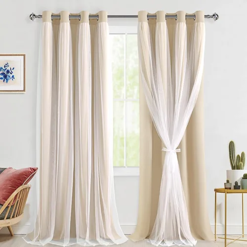 Vista 40 de Hiasan Cortinas opacas con superposición transparente, aislamiento térmico para mezclar y combinar de doble capa, cortinas de oscurecimiento de Beige