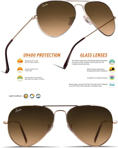 Vista 7 de Berikin Gafas de sol clásicas estilo aviador para hombres y mujeres, 100% protección UV400, lentes de cristal degradado marrón, marco de metal dorado