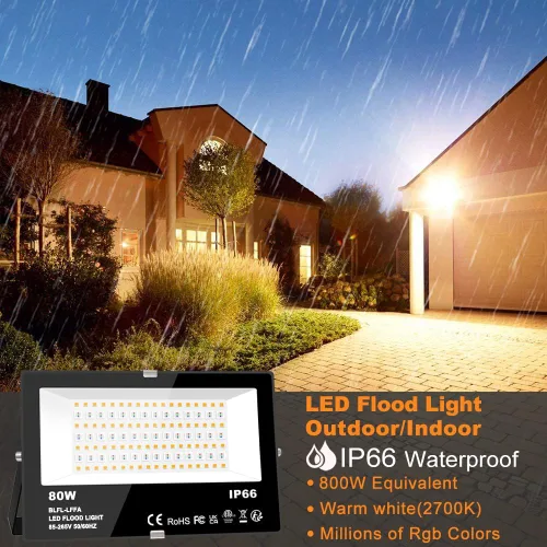 Vista 2 de MELPO Luz de inundación LED para exteriores, equivalente a 800 W, 8000 lm, iluminación inteligente RGB para paisaje, con control de aplicación
