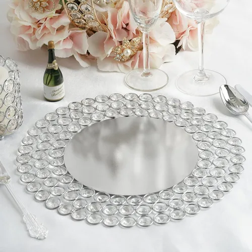 Vista 4 de Tableclothsfactory Plato Cargador de Metal Dorado de 14 Pulgadas con Diseño de Alambre y 118 Cuentas de Cristal Acrílico para Bodas y Eventos