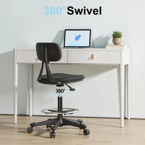 Vista 7 de Silla de dibujo con rueda de gravedad de bloqueo automático, silla de escritorio de pie ajustable en altura, taburete de dibujo alto, con respaldo
