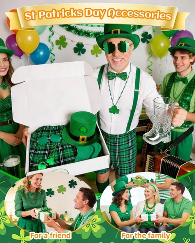 Vista 7 de 8 Pcs St Patricks Day Leprechaun Costumes, Irish Masquerade Party Outfit for Men Women