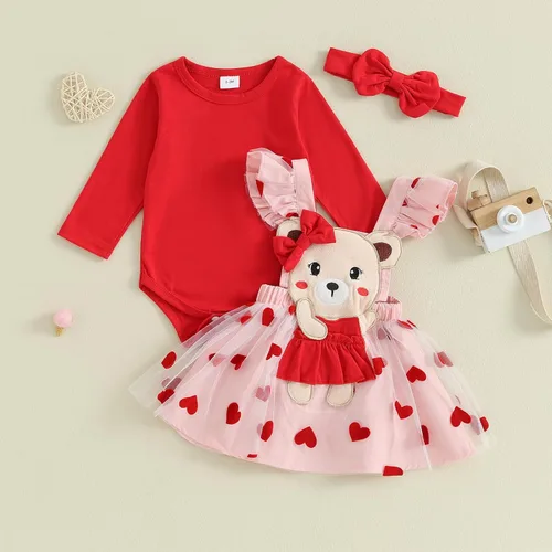 Vista 16 de My First Valentine's Day - Conjunto de ropa para bebé niña con volantes, manga larga, estampado de corazón, falda con tirantes