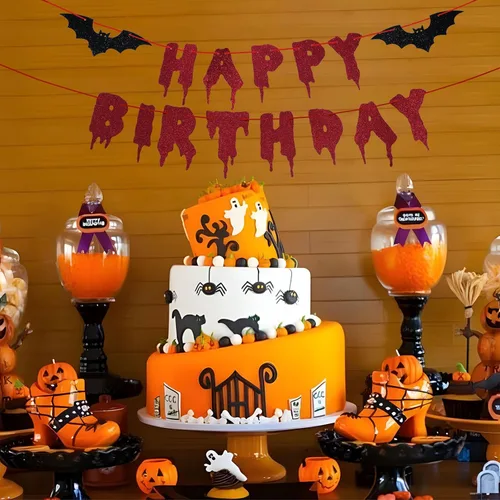 Vista 7 de Cartel rojo brillante de Halloween de Feliz Cumpleaños – Guirnalda de papel colgante de Halloween Banderines Banner Bloody Bat Vampire Decoraciones