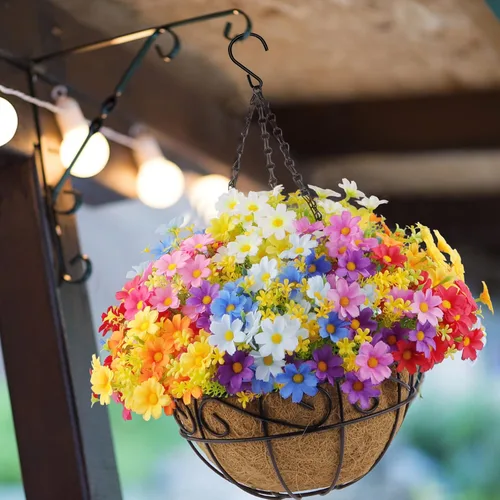 Vista 9 de Flores artificiales colgantes al aire libre con canasta, colgador de plantas, 12 piezas de flores falsas, resistentes a los rayos UV, gypsophila