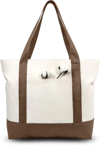 Vista 25 de TOPDesign Paquete de 1 bolsa de lona con bolsillo externo, bolsa de compras reutilizable para comestibles, cierre de cremallera superior, artículos
