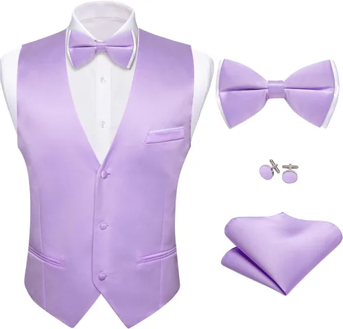 Vista 26 de Barry.Wang Chaleco de traje para hombre, conjunto de corbatín, chaleco A-02-rosa claro