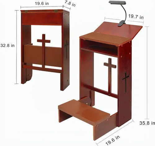 Vista 2 de Taburete de banco de oración con lámpara LED, silla de mesa acolchada y estante plegable de madera para iglesia