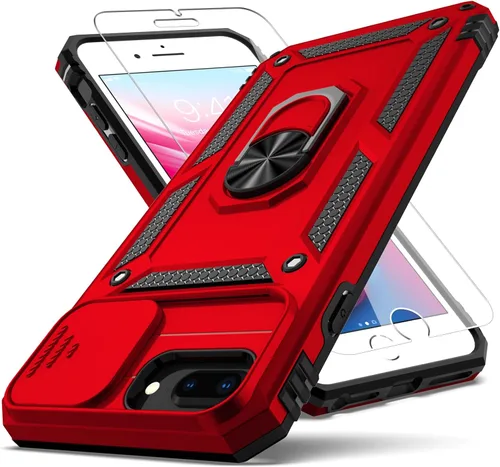Vista 7 de Funda para iPhone 8 Plus, para iPhone 7/6 Plus, con cubierta deslizante para cámara + protector de pantalla HD, soporte de anillo giratorio de grado