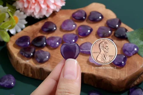 Vista 2 de 20 piezas de cristales de amatista, piedras curativas en forma de corazón, cristal pulido, morado natural, lindo bolsillo pulgar, reiki, juego al