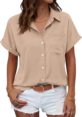 Vista 19 de Beautife Camisas con botones para mujer, blusas de manga corta Albaricoque