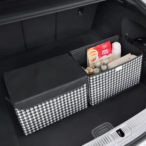 Vista 7 de 8sanlione Caja de almacenamiento para maletero de coche con tapa, patrón de pata de gallo, organizador de almacenamiento plegable de gran capacidad