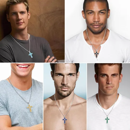 Vista 5 de Collar de cruz para hombre, piedras preciosas de color piedra natal de circonita cúbica, collar de acero inoxidable para hombre, cadena de 24