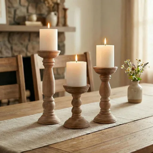 Vista 4 de Portavelas de Madera Estilo Granja para Velas de Pilar Juego de 3, Portavelas de Madera Rústica Decoración de Centro de Mesa, 12'' 9'' 6'' Soporte