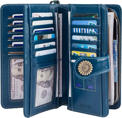 Vista 2 de INSIFEEL Billeteras para mujer de gran capacidad con protección RFID de cuero genuino, Azul marino