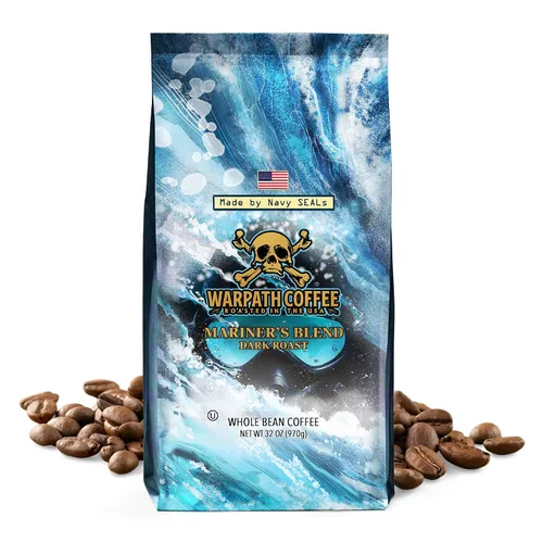 Vista 2 de Café Warpath tostado oscuro en grano entero, mezcla Mariner, alta cafeína, granos de café Arábica 100% tostados enteros, aroma rico, taza intensa