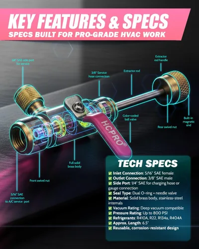 Vista 4 de Herramienta de extracción de núcleo de válvula HVAC con kit de evacuación de 3/8 pulgadas, compatible con SAE 5/16, manguera de vacío de doble