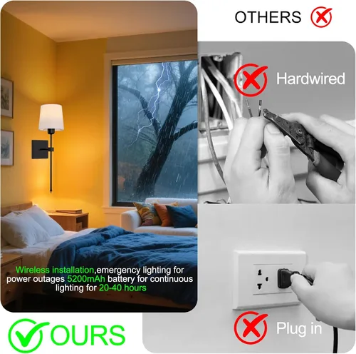 Vista 4 de Juego de 2 apliques de pared a pilas, luces de pared recargables inalámbricas negras con bombillas RGB recargables regulables, lámpara de pared