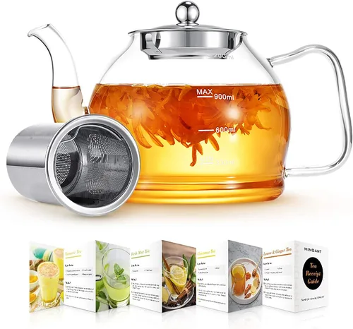 Vista 9 de Tetera de vidrio, tetera de 33 onzas / 33.8 fl oz con infusor extraíble, tetera transparente para té de hojas sueltas y té floreciente, hervidor