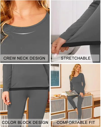 Vista 3 de Ekouaer Conjunto de ropa interior térmica para mujer, ropa interior larga, capa base, ligero, conjunto de 2 piezas