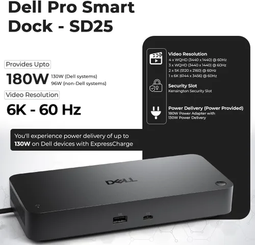 Vista 6 de Dell Pro Smart Dock SD25 Paquete - 10Gbps, 3 Años de Garantía, Soporta Monitores Duales/Triples y Pantallas 4K con Fuente de Alimentación de 180W