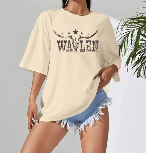 Vista 3 de Camisas de calavera de vaca para mujer, camisetas gráficas occidentales, camiseta de gran tamaño con estampado de música country Rodeo Cowboy
