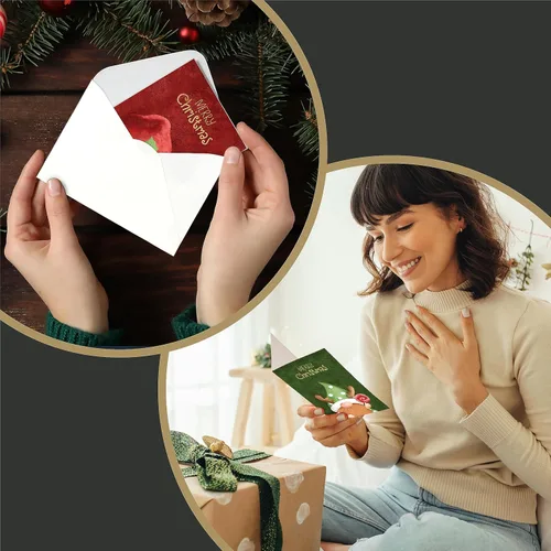 Vista 7 de easykart labels 20 tarjetas de gnomo navideño con sobres y pegatinas de sellado, 4 diseños navideños de Santa con efecto de hoja dorada, 6.75" x