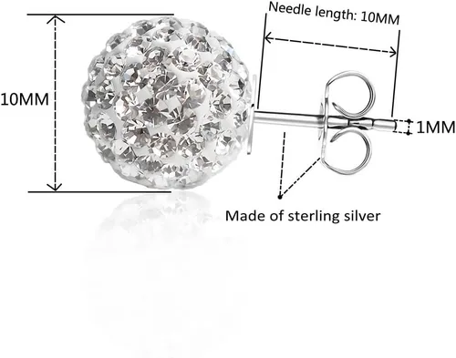Vista 3 de Aretes de tuerca de plata fina 925 con bola de cristal 8 mm 10 mm