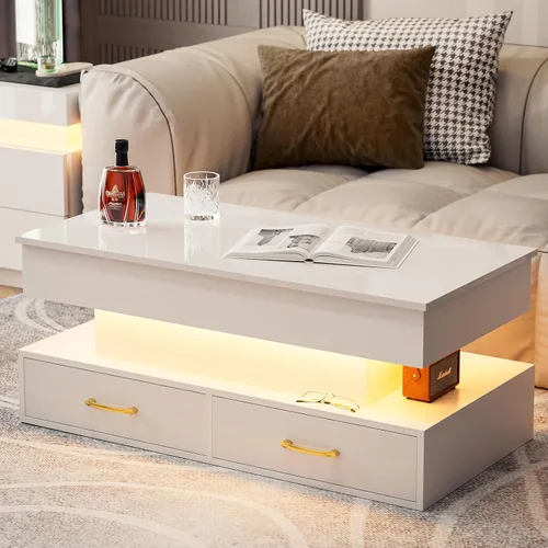 Vista 3 de IKIFLY Moderna mesa de centro LED elevable, alto brillo con compartimento oculto y 2 cajones, parte superior elevadora para sala de estar