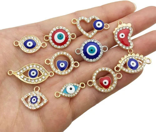 Vista 3 de 50 dijes de cuentas contra el mal de ojo para hacer joyas, varios conectores de mal de ojo, diamantes de imitación para mujer, pulseras, aretes
