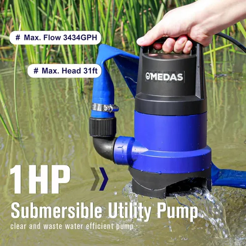 Vista 6 de MEDAS 1HP 3434 GPH Bomba de Sumidero Sumergible Bomba de Agua Limpia/Sucia Bomba Utilitaria Portátil con Cable de 16.4 pies para Piscina Jardín