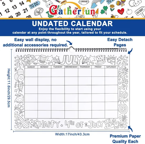 Vista 4 de Calendario de pared para colorear 2026-2027 – 11.6 x 17 pulgadas, 12 meses, sin fecha, hogar o calendario, seguimiento de actividades y calendario