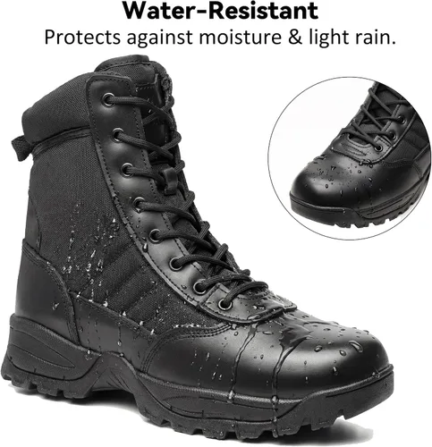 Vista 4 de Botas tácticas para hombre, 8 pulgadas, cremallera lateral, botas militares de combate de cuero, botas de trabajo para hombres, policía, motocicleta