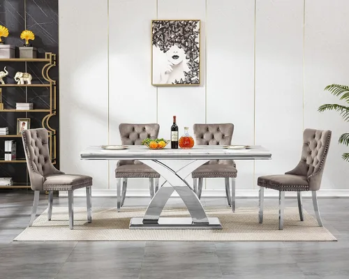 Vista 2 de Henf Mesa de comedor de mármol sintético de 68 pulgadas para 4-6 personas, mesa rectangular moderna con parte superior de mármol blanco y base