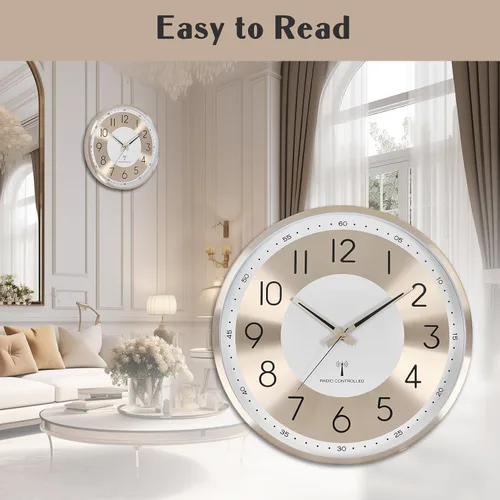 Vista 5 de Reloj de pared analógico atómico de 14 pulgadas, funciona con pilas, relojes de pared controlados por radio, juego automático de reloj de pared