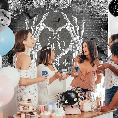 Vista 4 de Avezano Telón de fondo de Halloween para baby shower con texto en inglés "A Little Boo is Almost Due Baby Shower, decoración de fiesta de baby