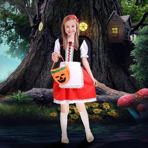 Vista 3 de Disfraz de Caperucita Roja para Niñas, Disfraz de Halloween con capa, diadema, bolsa de calabaza