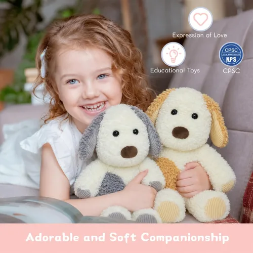 Vista 7 de MorisMos Juego de 2 peluches para perros, juego de juguetes de peluche para cachorros de 11.8 pulgadas, peluches suaves de perro gris y amarillo