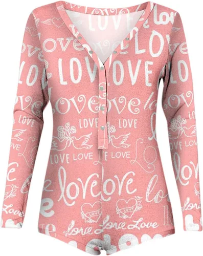 Vista 5 de Womens Sexy Red White Christmas Lingerie Teddy Bodysuit Leotard Long Sleeve V Neck Heart Print Onesie Lingerie Pajama