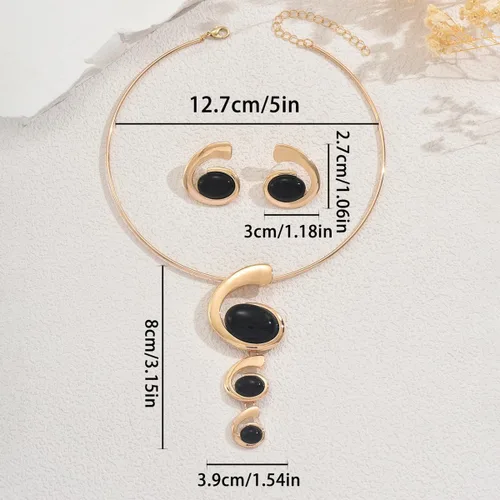 Vista 6 de Juego de joyas de oro grueso para mujer, collar vintage y aretes con dije ovalado en espiral grueso, juego de collar y aretes, joyería vintage
