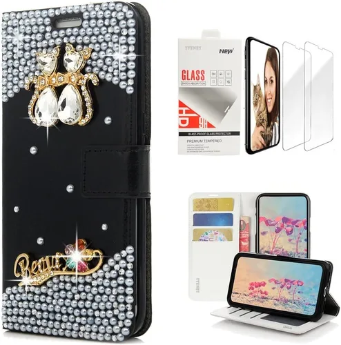 Vista 2 de Bling Wallet - Funda para teléfono compatible con iPhone 15, elegante, hecha a mano en 3D, con cristal de pavo real, magnética, de cuero, para niñas