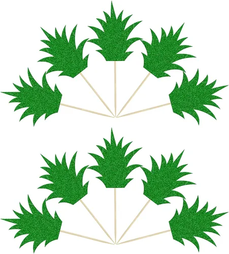 Vista 7 de 36 piezas de adornos para cupcakes de piña verde con purpurina verde para Luau despedida de soltera, fiesta de verano tropical, decoración