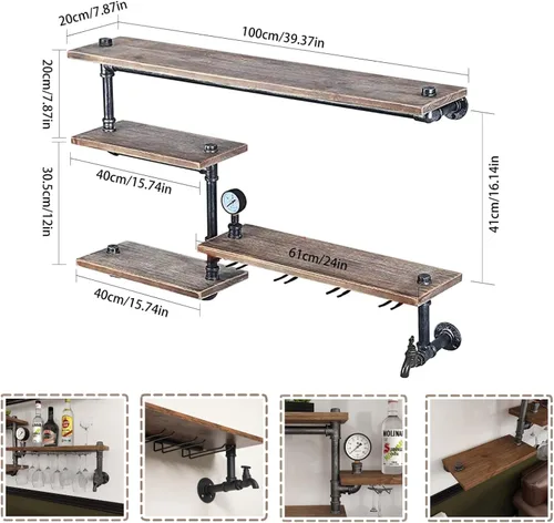 Vista 5 de DYRABREST Estante para copas de vino, estante de tubo industrial montado en la pared, soporte para botella de vino, 39.37 pulgadas, estante flotante